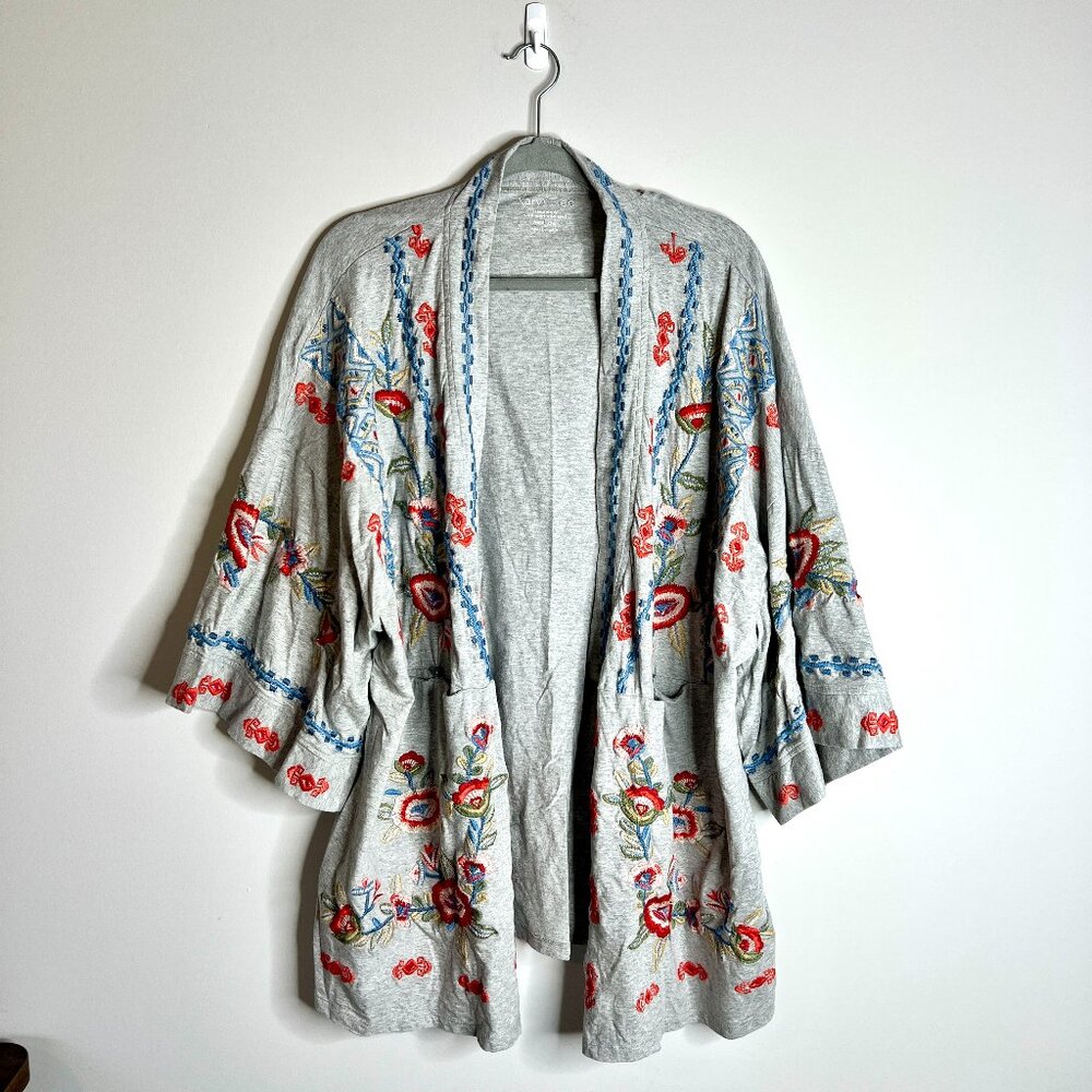 Karyn Seo Heavily Embroidered Floral Kimono-Style Open Front Cardigan Bohemian M